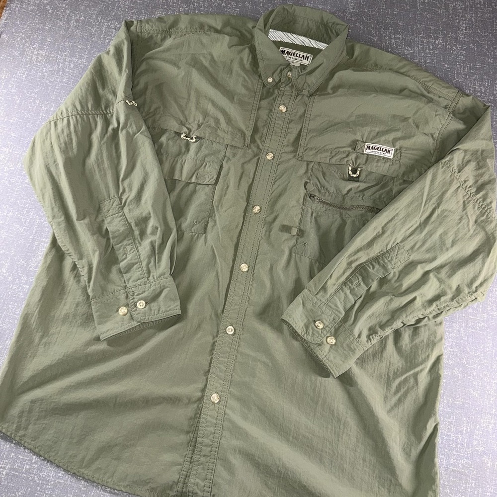 Magellan Sportswear Shirt Mens XL Green Vented Fishing Button Up Pockets Outdoor